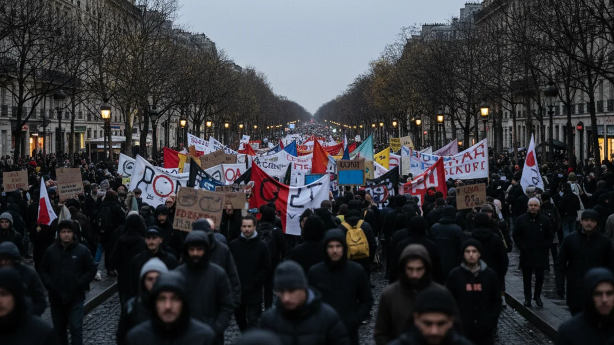 Crowd of demonstrators walking down a wide street, holding banners in favor of peace and justice.