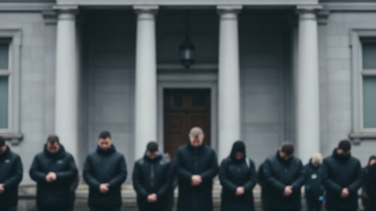 Imatge genèrica d'un grup de persones en silenci davant d'un edifici institucional en senyal de dol.