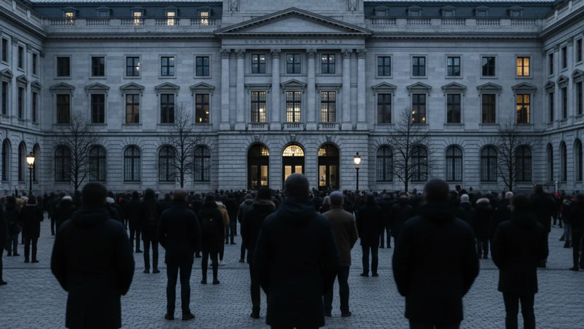 Siluetes de persones reunides en una plaça pública per un acte de dol i record a les víctimes d'una tragèdia.
