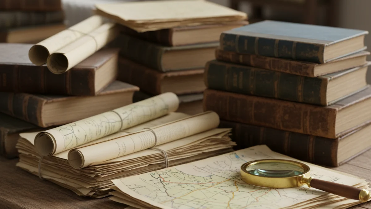 Imatge genèrica de llibres d'història i documents antics sobre una taula de fusta, representant la recerca històrica.