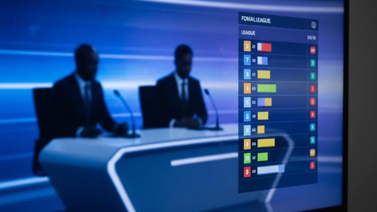 Una pantalla de televisió o ordinador mostrant un debat esportiu amb gràfics de classificació de futbol.