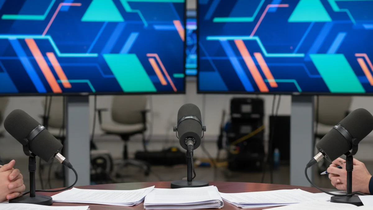 Una taula de debat esportiu amb micròfons i pantalles de fons, sense persones reconeixibles.