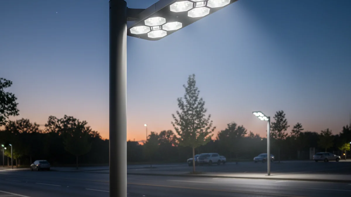 Imatge genèrica d'un fanal LED modern il·luminant un carrer de nit, simbolitzant l'eficiència energètica.