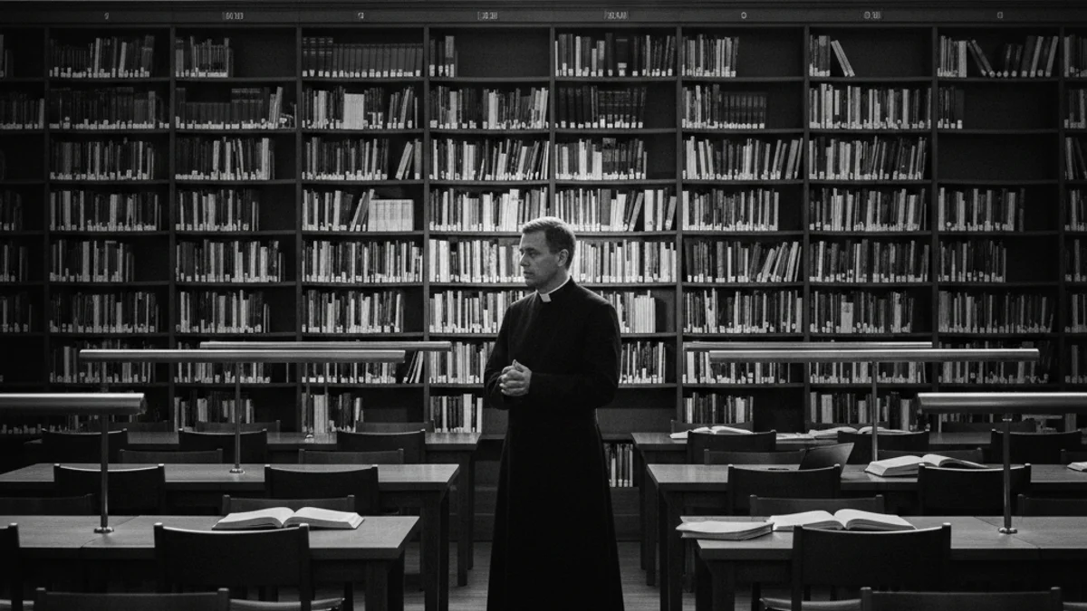 Una silueta d'un sacerdot o teòleg llegint un llibre en una biblioteca antiga, amb llum tènue.