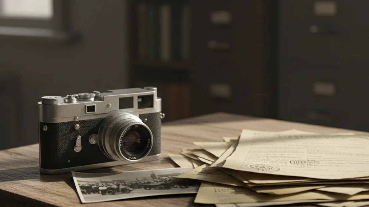 Una càmera fotogràfica antiga sobre una taula, evocant el fotògraf d'un esdeveniment històric.