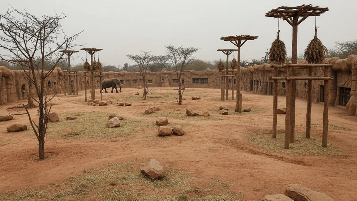 Vista d'un recinte de sabana dissenyat per a elefants en un parc zoològic, amb menjadores elevades i fangars.