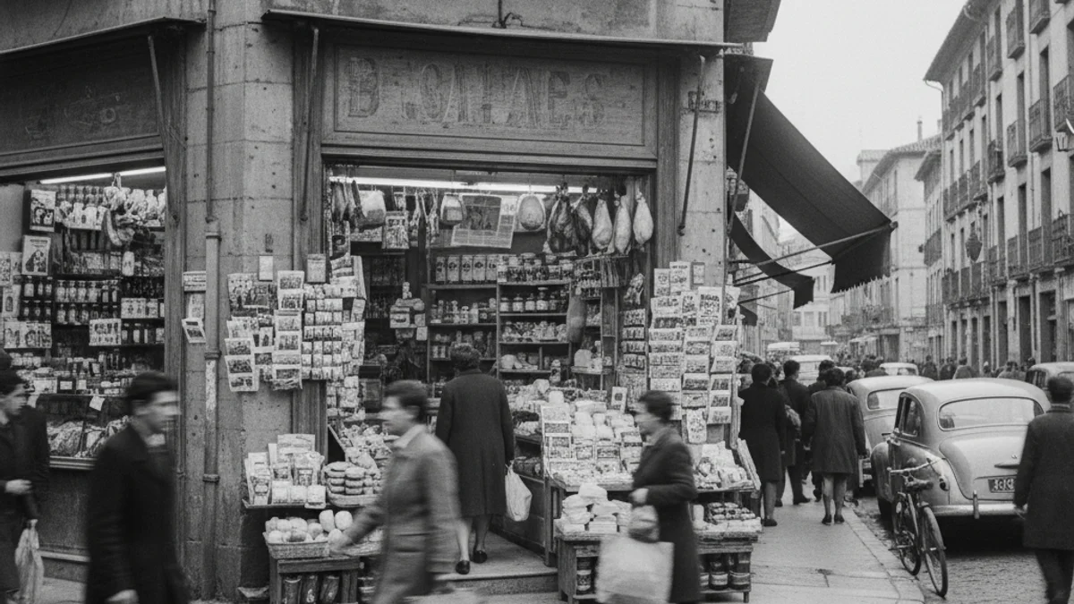 Imatge d'arxiu d'una botiga de comestibles i records a Figueres a mitjans del segle XX.