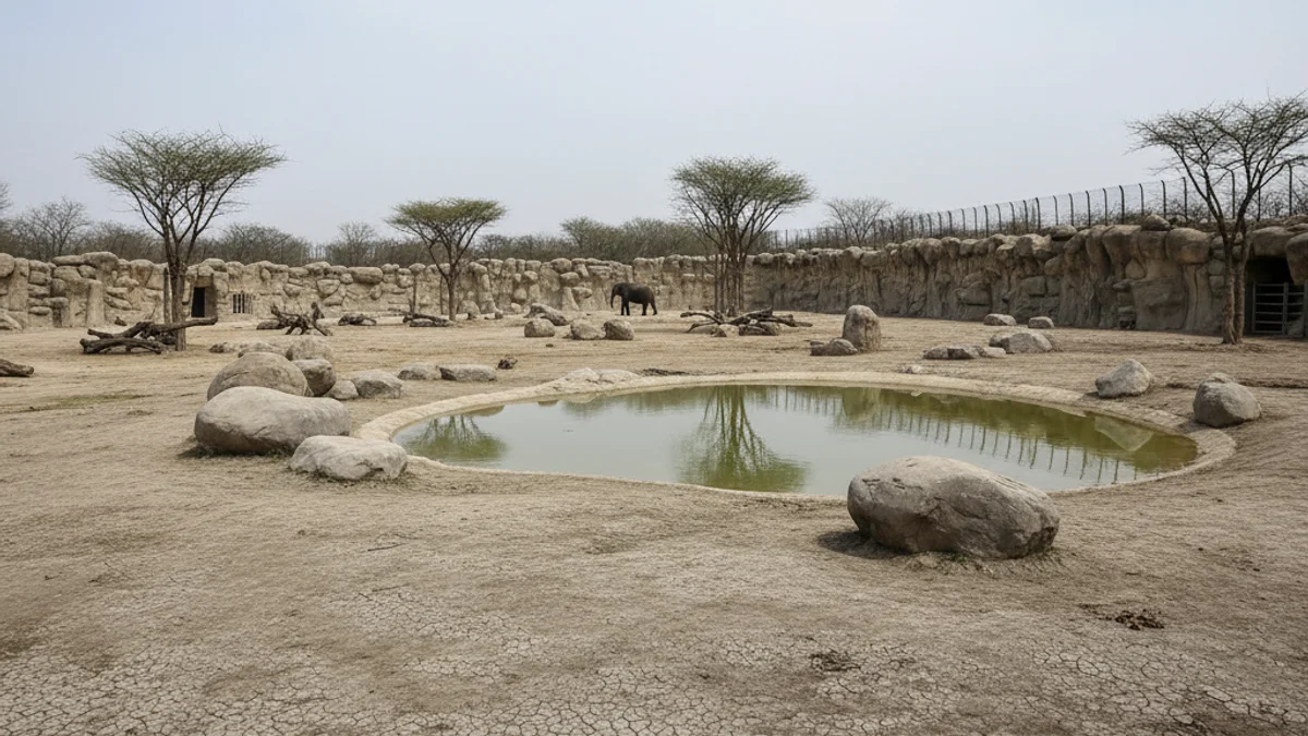 Imatge d'un recinte d'elefants buit en un zoo, amb un ambient de calma i reflexió.