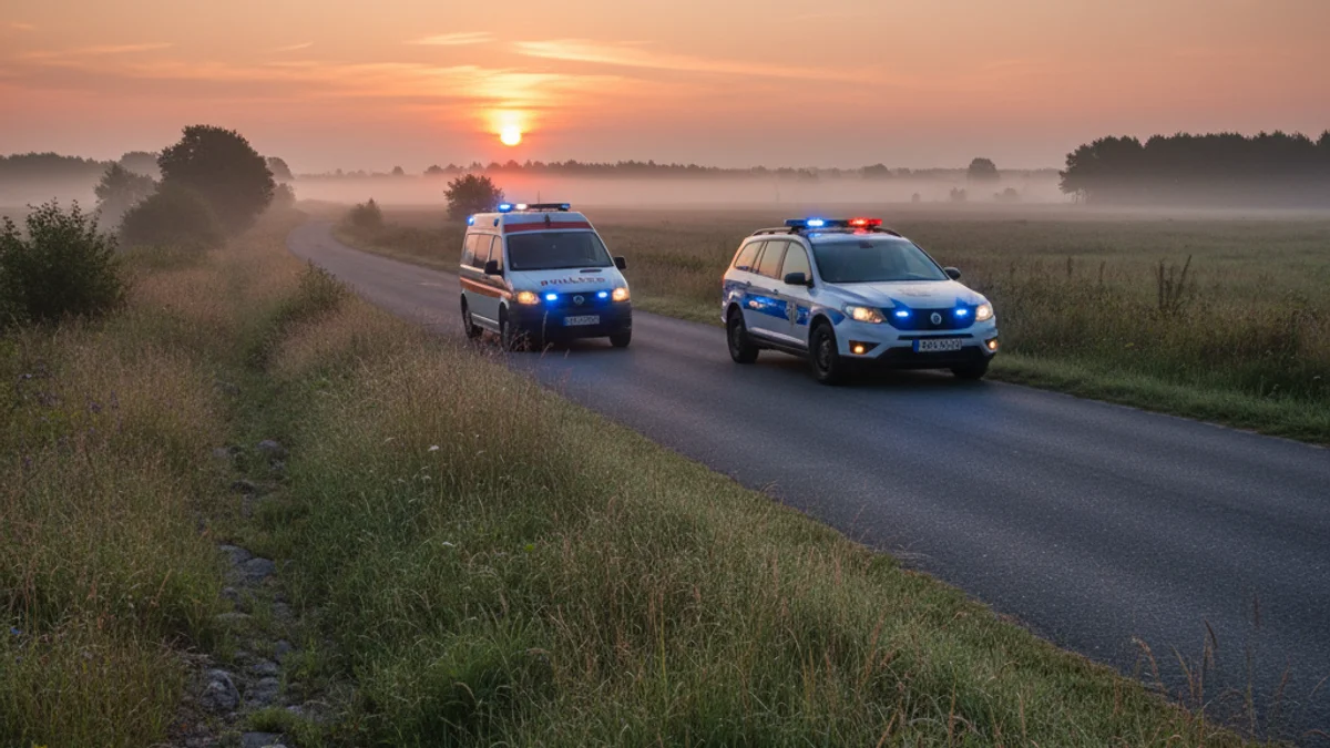 Imatge genèrica d'un vehicle d'emergències (ambulància o cotxe policial) en una carretera rural a primera hora del matí.