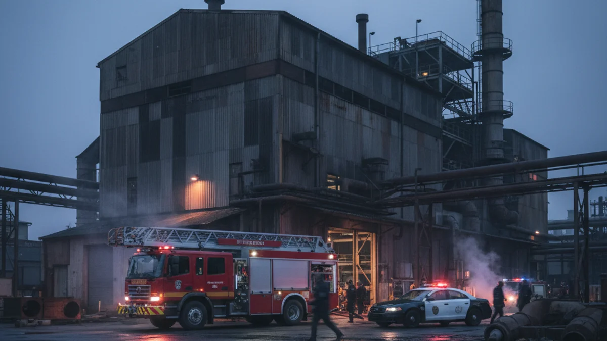 Imatge genèrica d'una escena d'emergència amb vehicles policials i de bombers en una zona industrial.