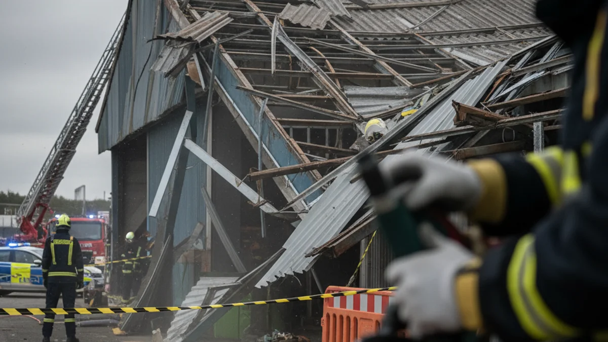 Imatge genèrica d'una zona industrial o d'obres amb vehicles d'emergència al fons.