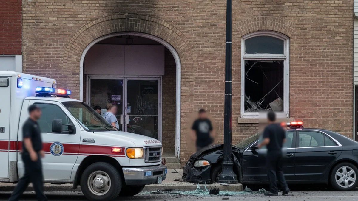 Imatge genèrica de vehicles d'emergència (ambulància i policia) actuant prop de la façana d'un edifici en un carrer local.