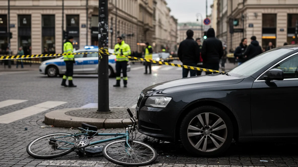 Imatge genèrica d'una cruïlla urbana amb senyals de trànsit i vehicles d'emergència en segon pla.
