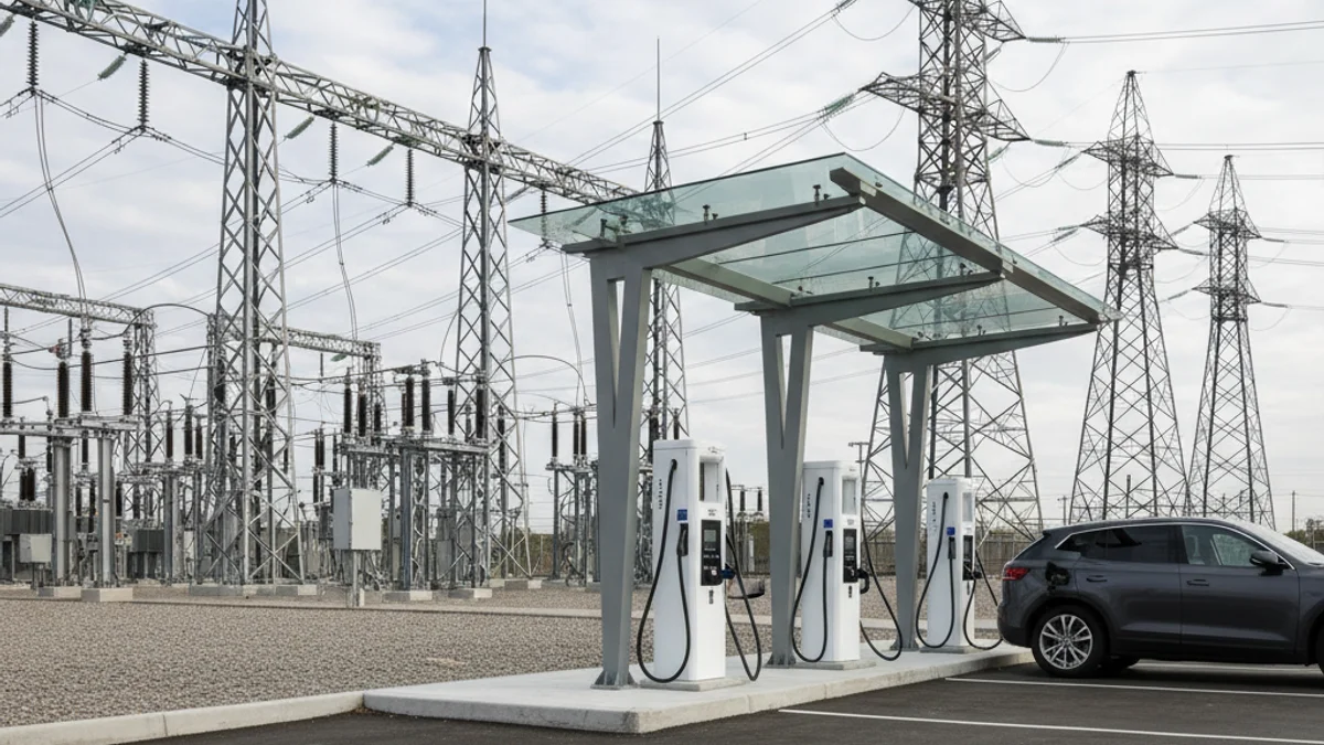 Representació visual d'una estació de càrrega ràpida de vehicles elèctrics amb la xarxa elèctrica al fons.