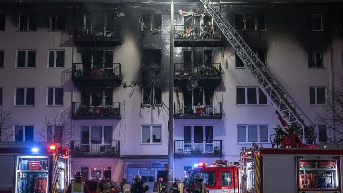 Imatge genèrica d'un edifici residencial amb danys per foc i presència de vehicles d'emergència.