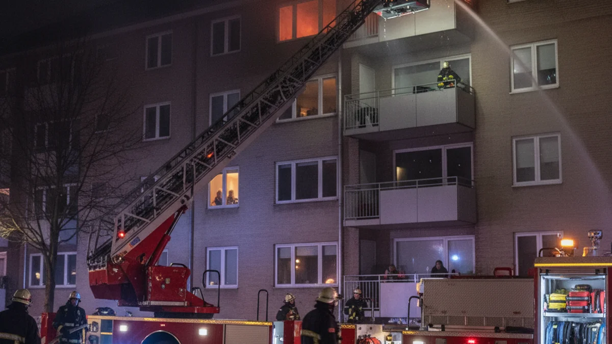 Imatge genèrica d'un vehicle de bombers treballant en un edifici residencial de nit.