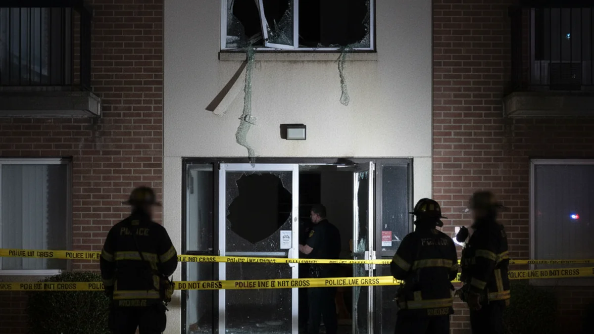 Imatge genèrica de l'exterior d'una casa amb danys per incendi, amb presència de vehicles d'emergència.