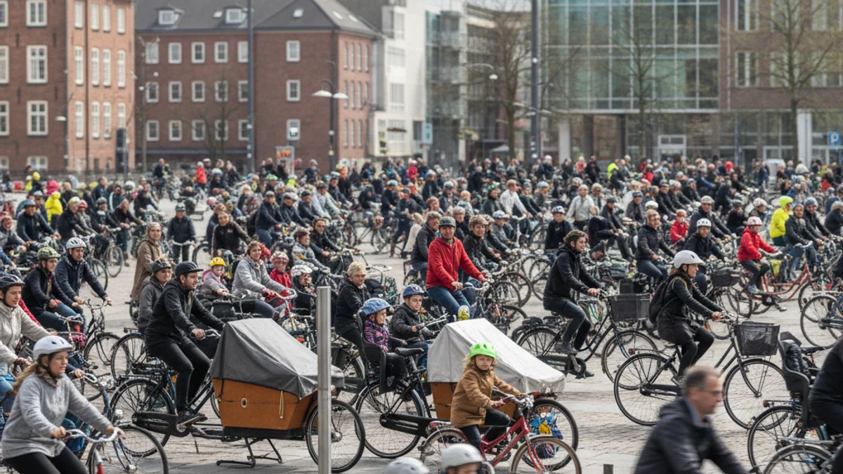 Imatge genèrica d'una concentració de ciclistes urbans, incloent bicicletes de càrrega, en una plaça de la ciutat.