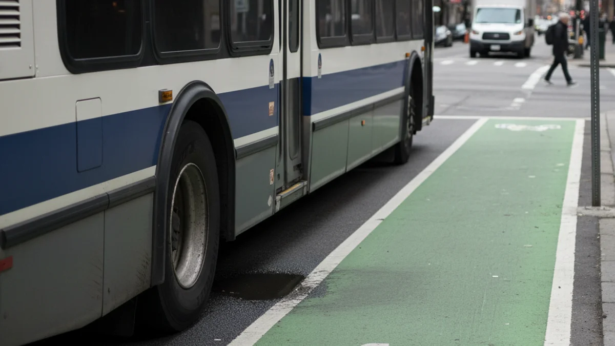 Imatge genèrica d'un autobús aturat en una zona urbana amb un carril bici senyalitzat.