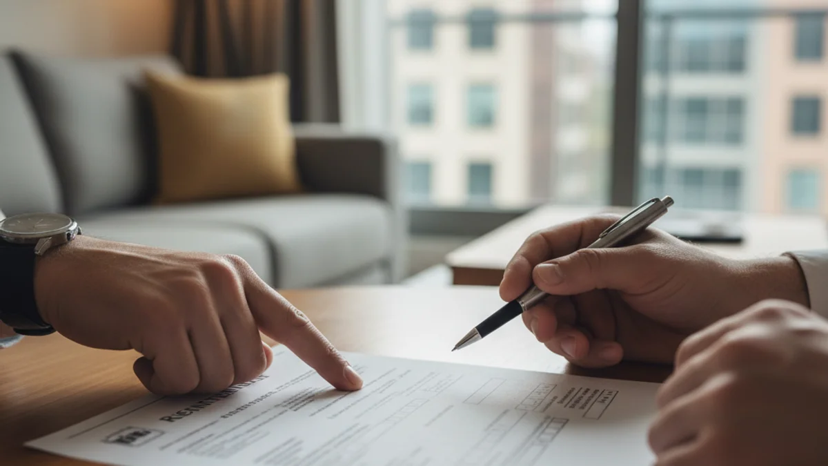 Detall d'un contracte de lloguer d'habitació amb una mà assenyalant una clàusula específica.