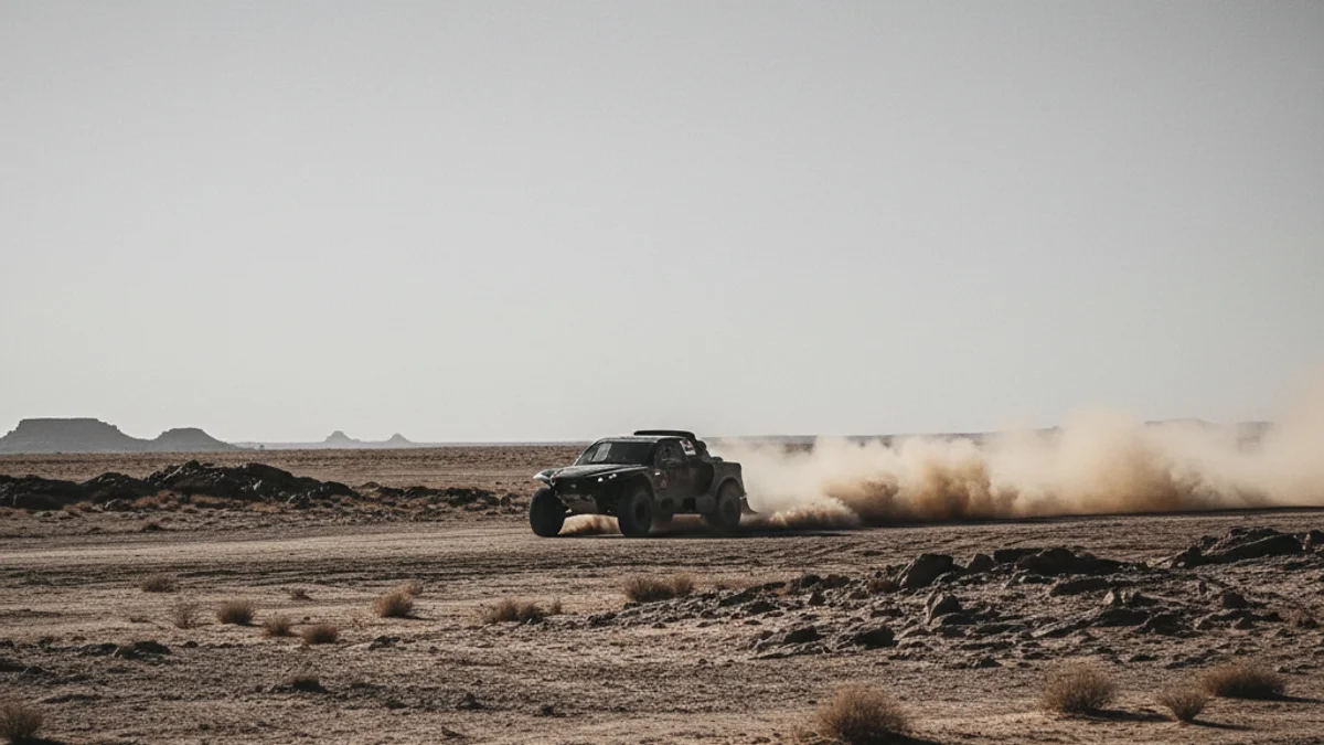 Imatge genèrica d'un vehicle de ral·li creuant una duna de sorra al desert, aixecant pols.