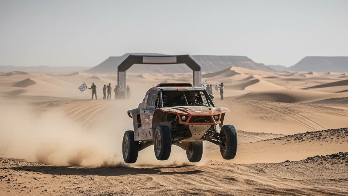 Imatge genèrica d'un cotxe de ral·li creuant la línia de meta al desert, amb pols i traces de pneumàtics.