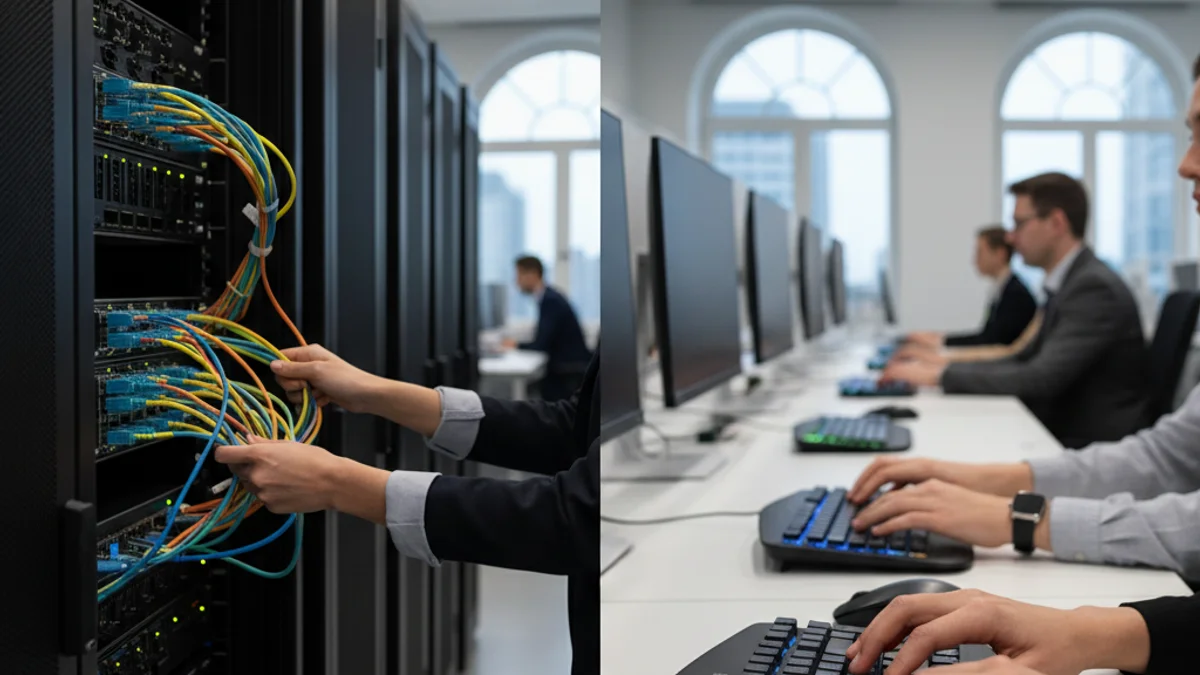 Imatge genèrica d'una oficina moderna de telecomunicacions amb figures borroses treballant en ordinadors.