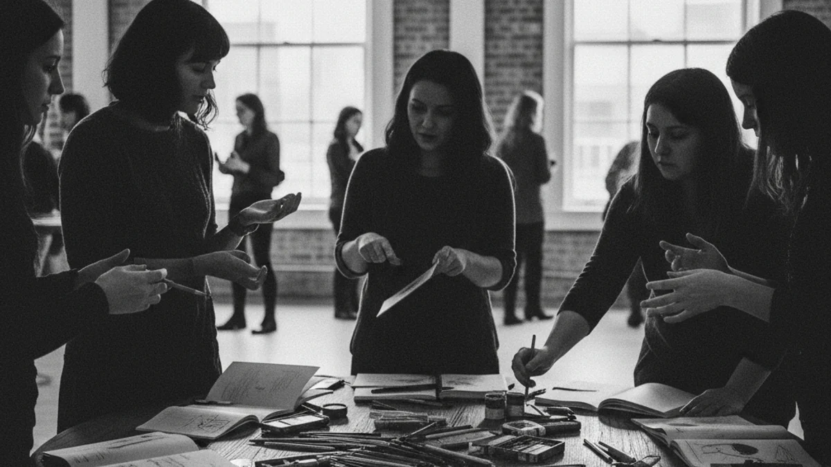 Representació d'un grup de dones interactuant en un espai de networking literari amb llibres i dibuixos.