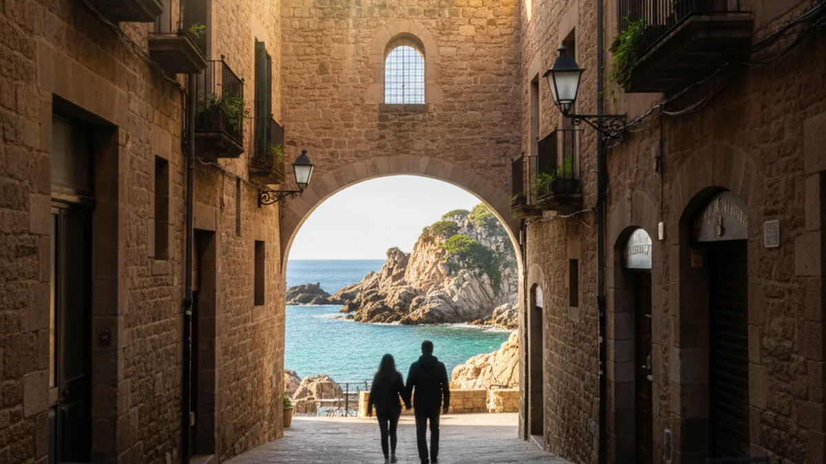 Imatge d'una parella passejant per un carrer antic de Barcelona o una cala de la Costa Brava.