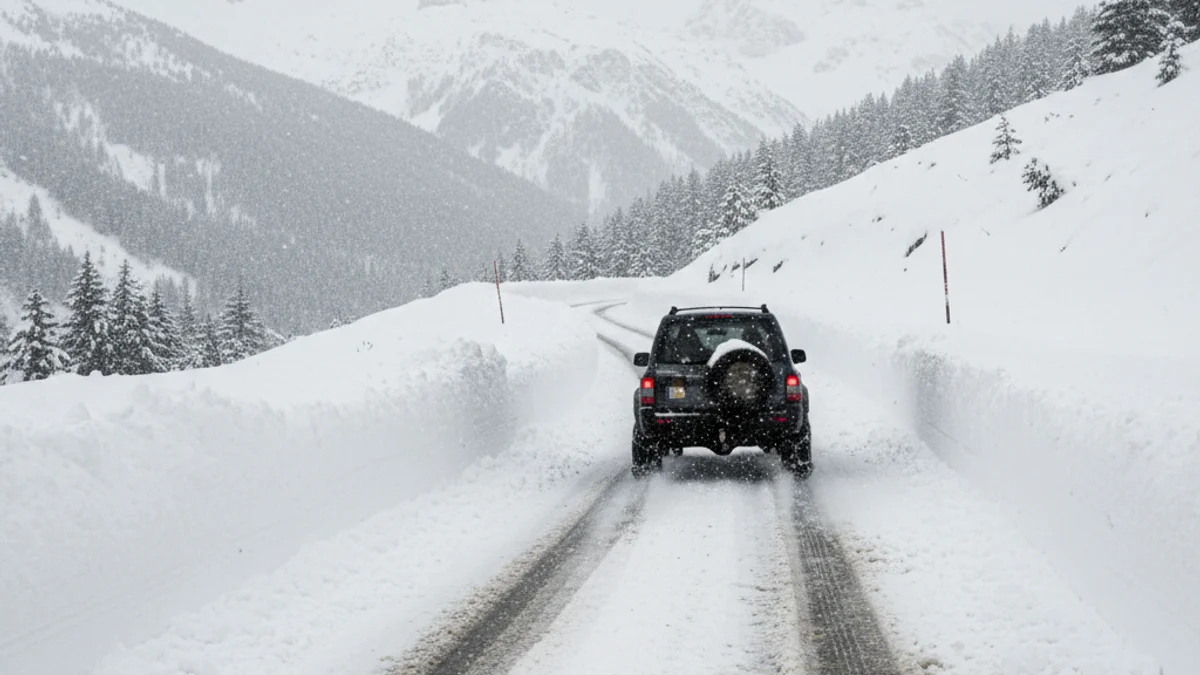 Imatge d'una carretera de muntanya nevada amb senyals de precaució i acumulació de neu a les vores.
