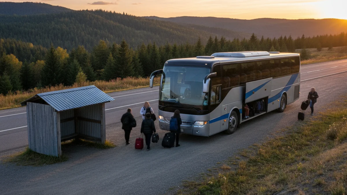 Imatge genèrica d'un autobús de línia en una estació o carretera, amb figures borroses de passatgers pujant.