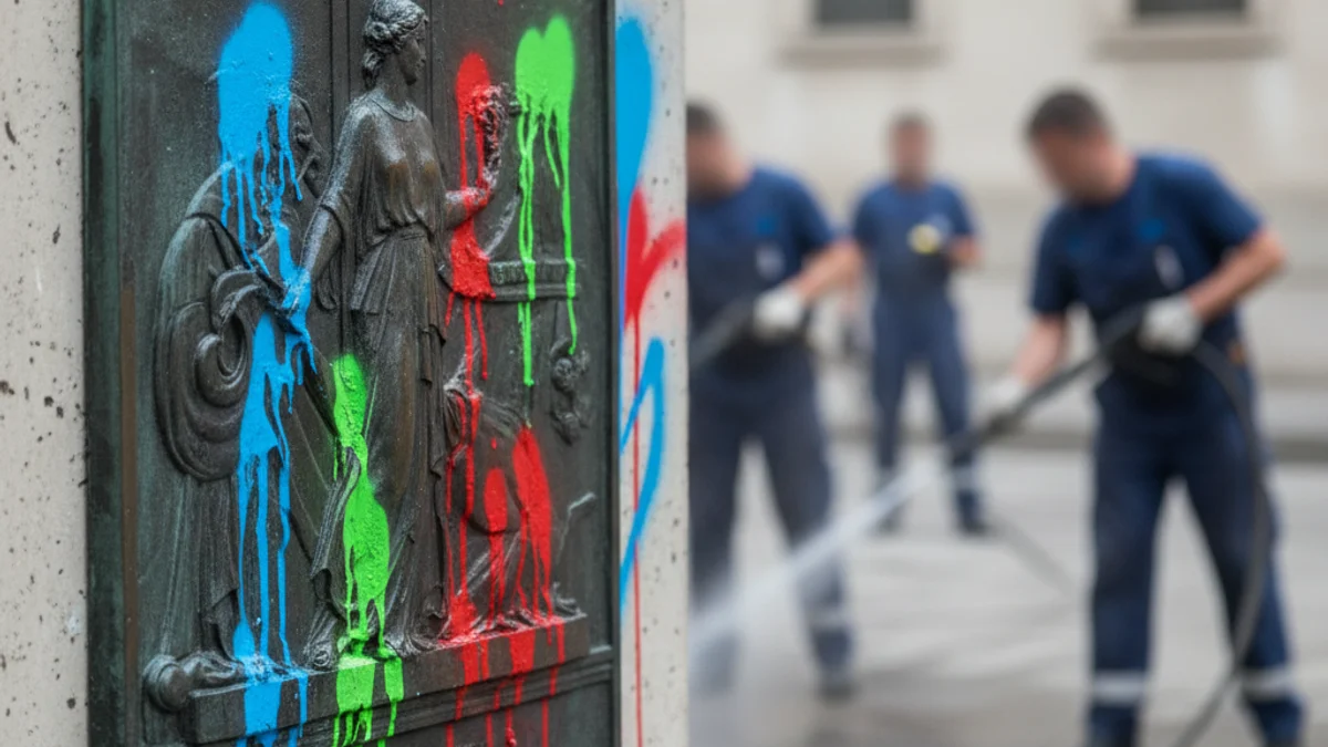 Imatge genèrica d'un monument o placa commemorativa amb signes de vandalisme o neteja.