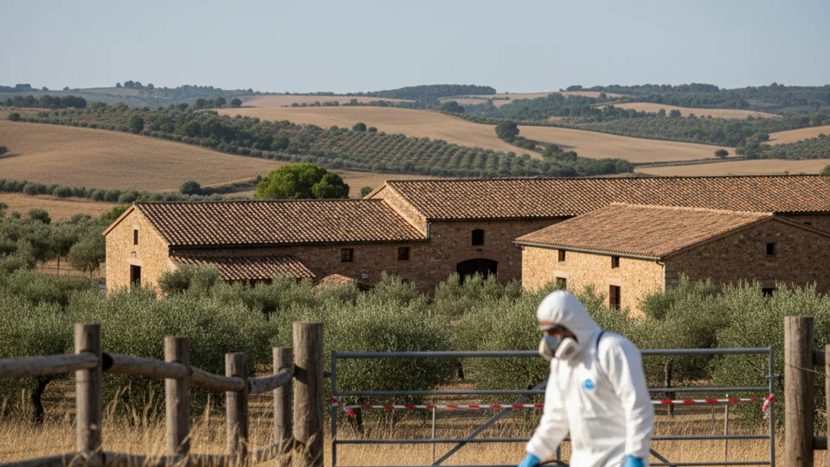 Imatge genèrica d'una granja d'aviram o un espai rural amb mesures de bioseguretat i senyalització de control sanitari.