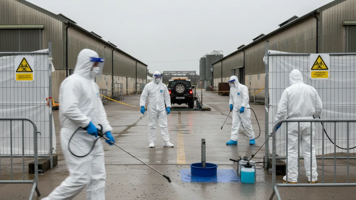 Imatge genèrica d'una granja avícola o d'un equip de bioseguretat realitzant tasques de desinfecció.