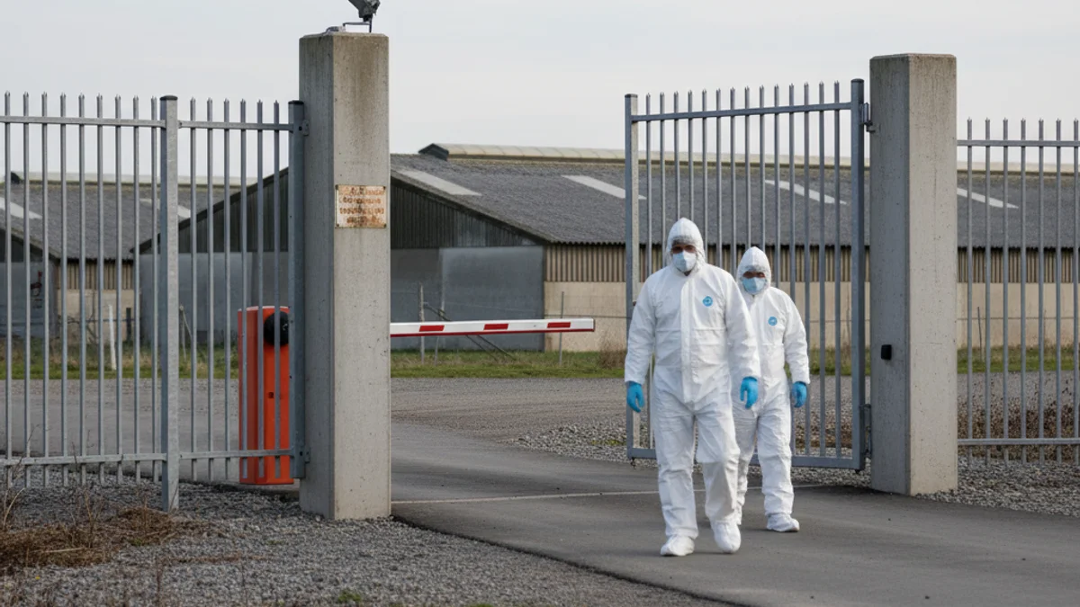 Personal veterinari amb equips de protecció individual (EPI) en una granja avícola sota vigilància sanitària.