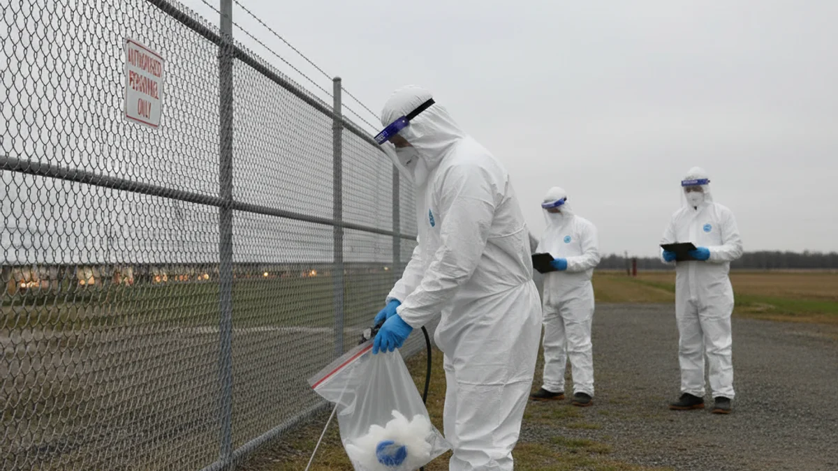 Personal amb equip de protecció realitzant tasques de bioseguretat en una explotació avícola afectada per un brot.
