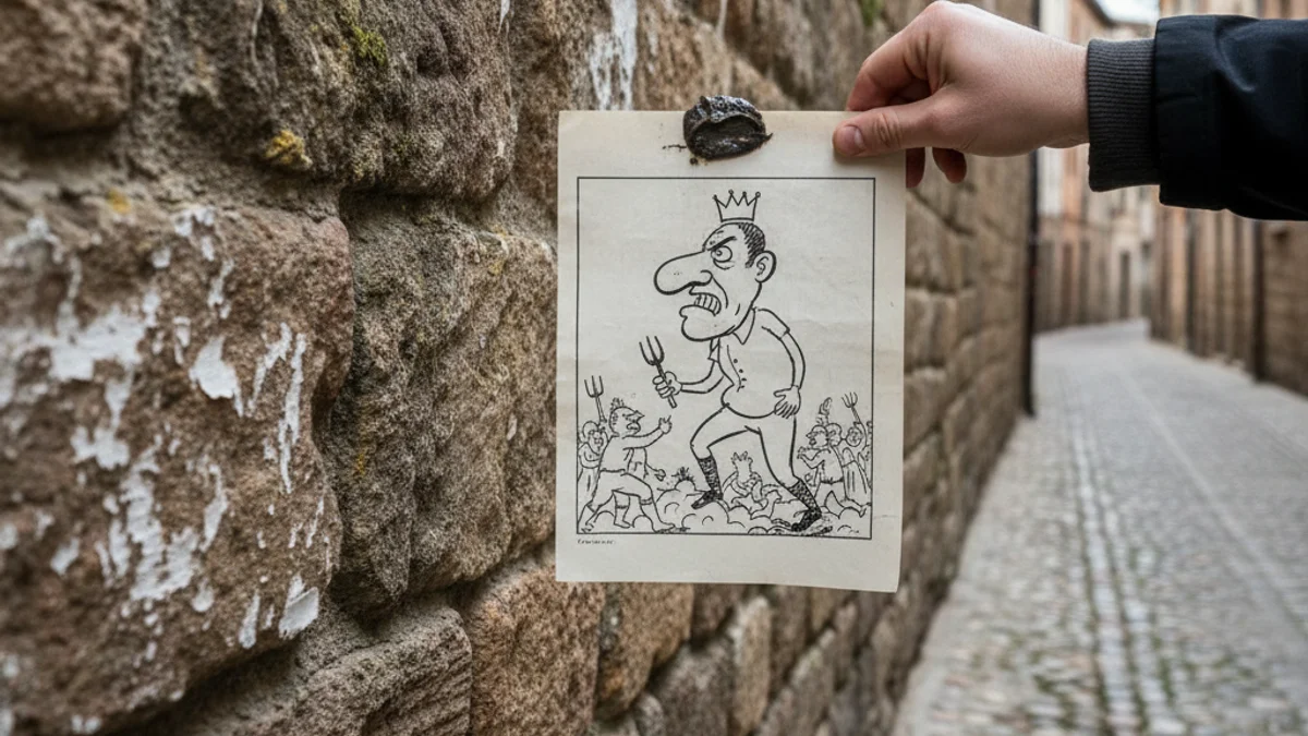 Imatge genèrica d'un carrer antic de Reus on es veu un pamflet satíric enganxat a una paret.