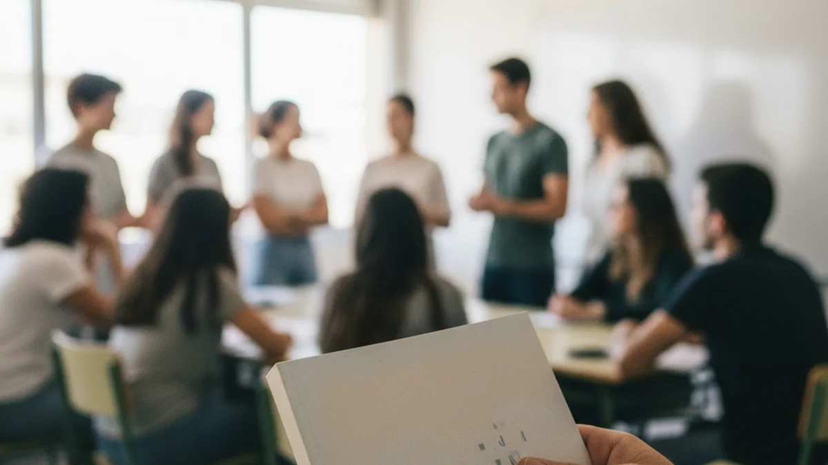 Imatge genèrica d'un grup de persones adultes estudiant català en un curs de nivell bàsic.