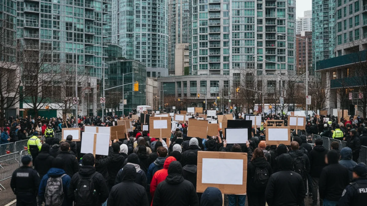 Vista d'una zona urbana densament poblada amb pancartes de protesta contra un projecte immobiliari.