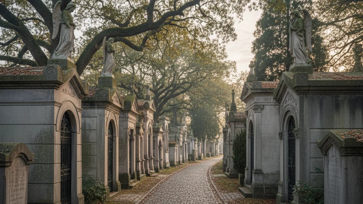 Una vista tranquil·la d'un cementiri històric amb mausoleus i arbres, sota la llum del dia.