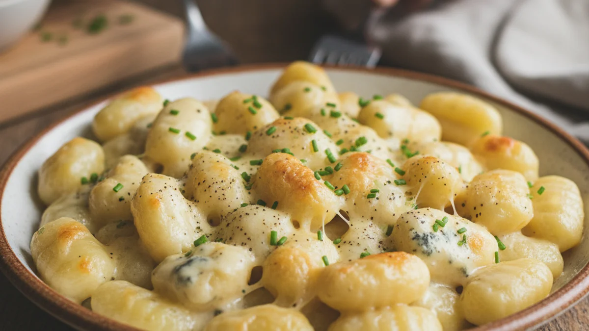 Plat de nyoquis casolans amb una salsa cremosa de formatges, servit en un bol de ceràmica.