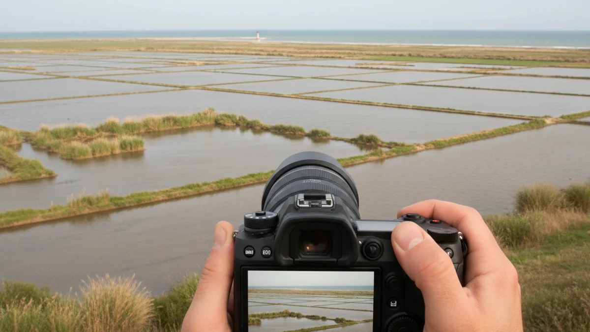 Mans d'una persona sostenint una càmera fotogràfica professional enfocant un paisatge natural de les Terres de l'Ebre.