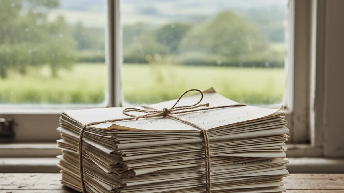 Pila de manuscrits de narrativa breu sobre una taula de fusta rústica, amb un paisatge rural de fons.