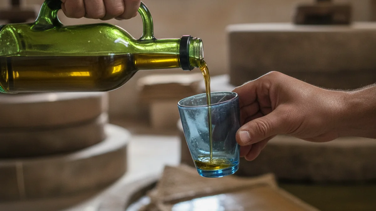 Detall d'una mà abocant oli d'oliva verge extra en un got de tast durant un concurs de qualitat.