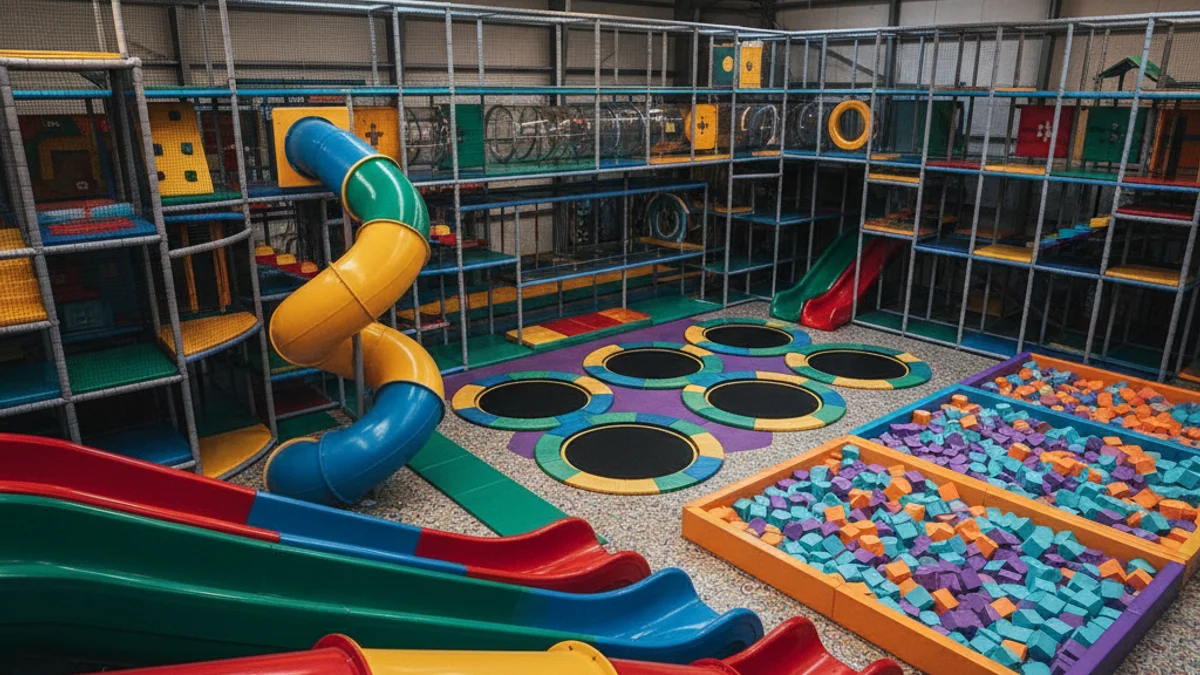 Imatge genèrica d'un parc de jocs interior amb piscines de boles i tobogans de colors.