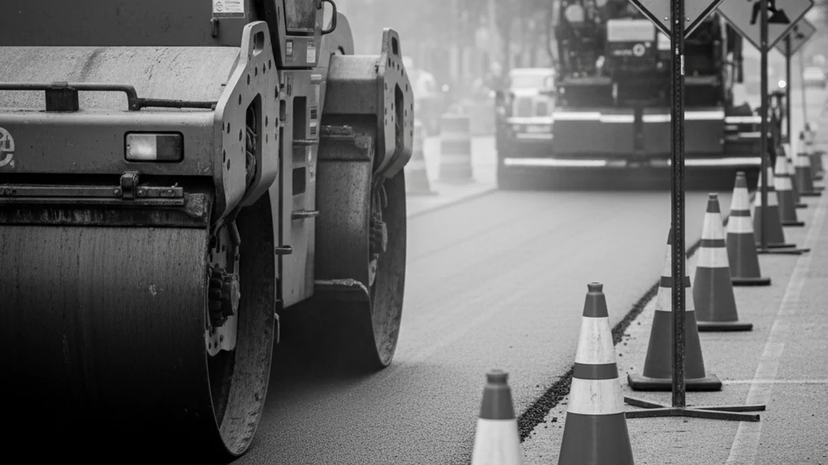 Treballs d'asfaltat en una carretera urbana amb maquinària pesada i senyalització de trànsit.