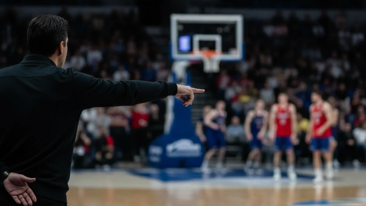 Imatge genèrica d'un entrenador de bàsquet donant instruccions a la banda durant un partit.