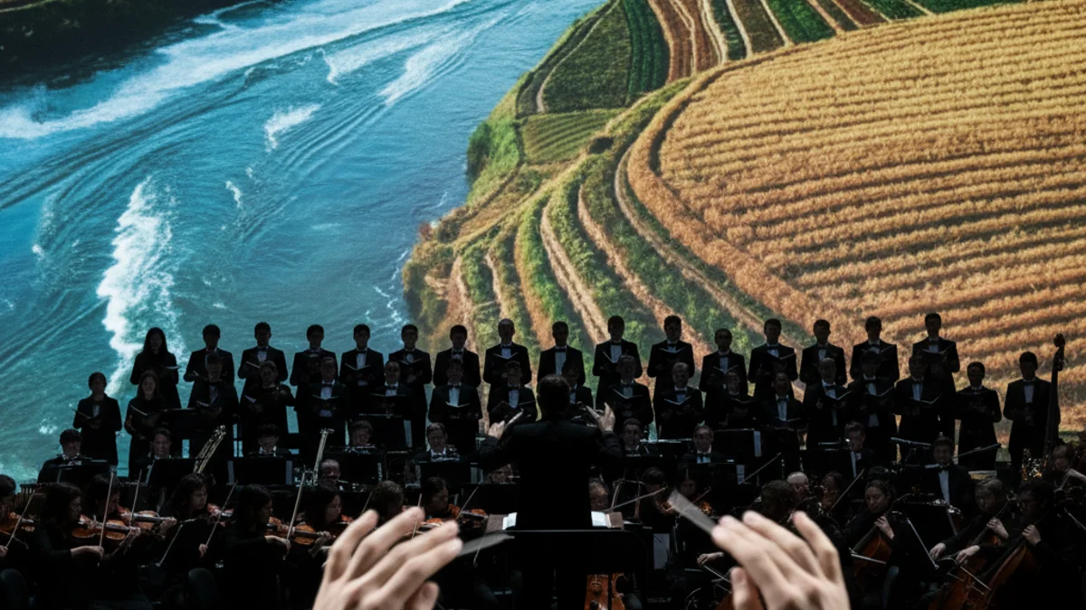 Una orquestra i un cor actuant en un escenari gran, amb elements visuals que evoquen l'aigua o un canal.