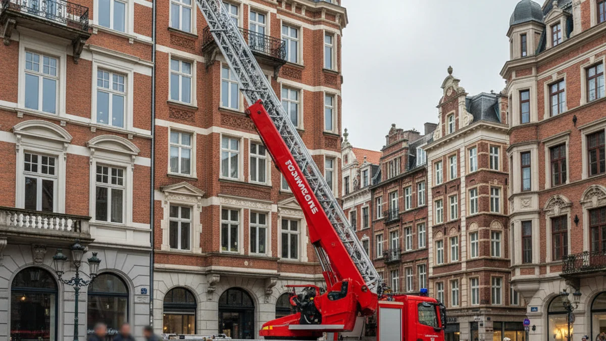 Imatge genèrica d'una grua de Bombers amb l'escala desplegada en un entorn urbà.
