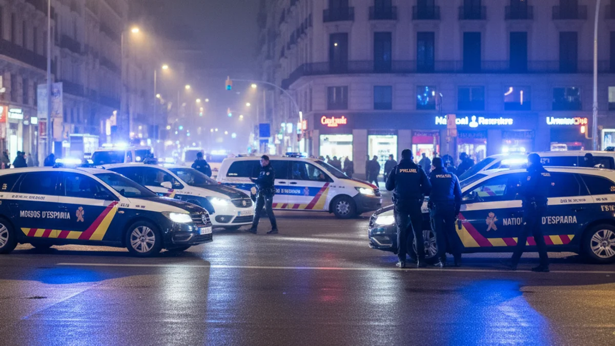 Imatge genèrica d'un operatiu policial nocturn amb llums de vehicles d'emergència i siluetes d'agents.